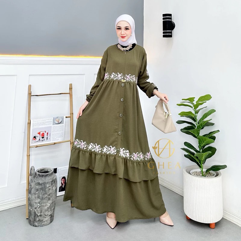 GAMIS BORDIR BUNGA TIMBUL BAHAN CRINKLE AIRFLOW PREMIUM