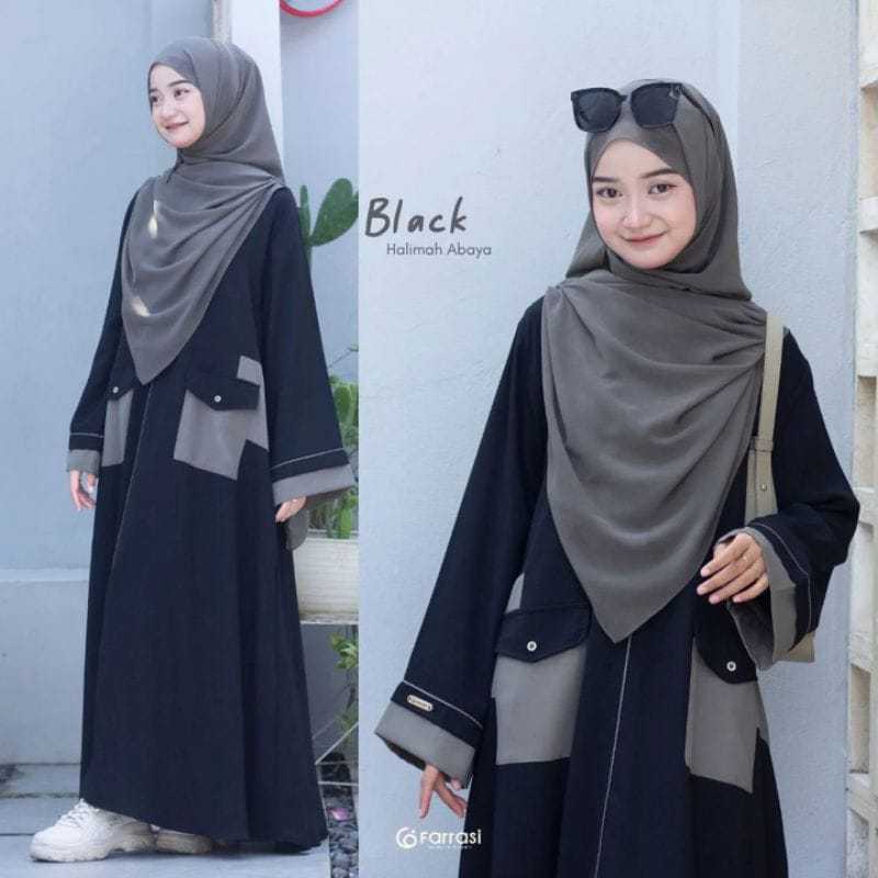 DISKON Gamis Halimah Abaya Anak Perempuan Usia 9-17 Tahun Bahan Crinkle Airflow Kombinasi Saku Abaya