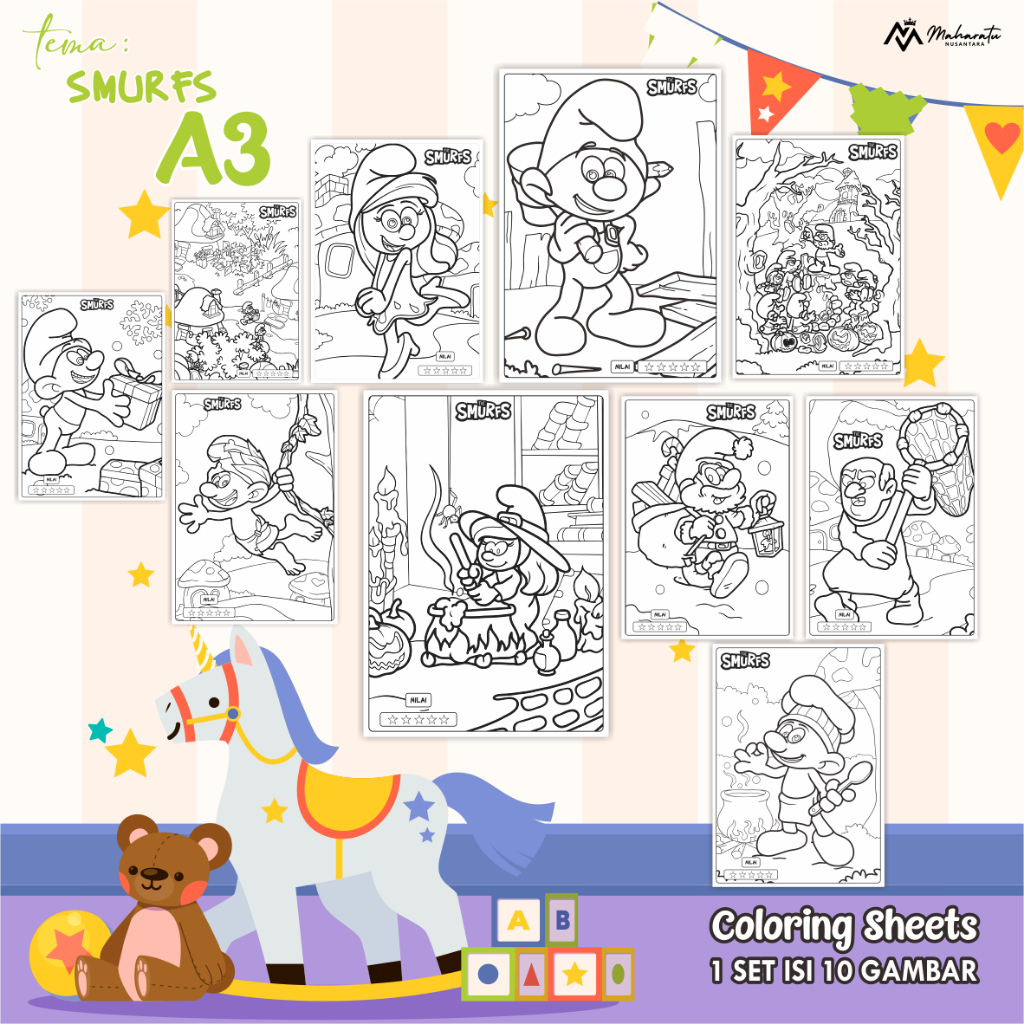 

[SMURFS] KERTAS GAMBAR UNTUK ANAK - LEMBAR MEWARNAI ANAK READY STOCK - COLORING SHEETS A3