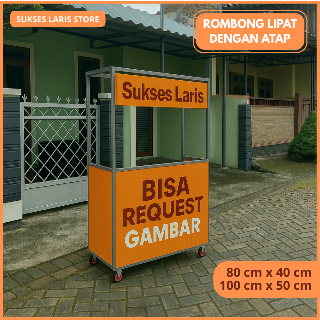 BOOTH PORTABLE DENGAN ATAP DAN RODA | ROMBONG LIPAT BISA CUSTOM GAMBAR | MEJA LIPAT JUALAN