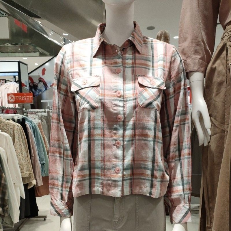 triset kemeja wanita motif kotak-kotak