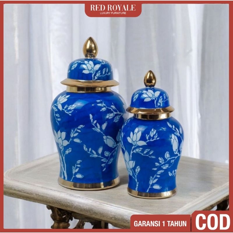 guci keramik putih biru pajangan dekorasi hiasan ruang tamu rumah