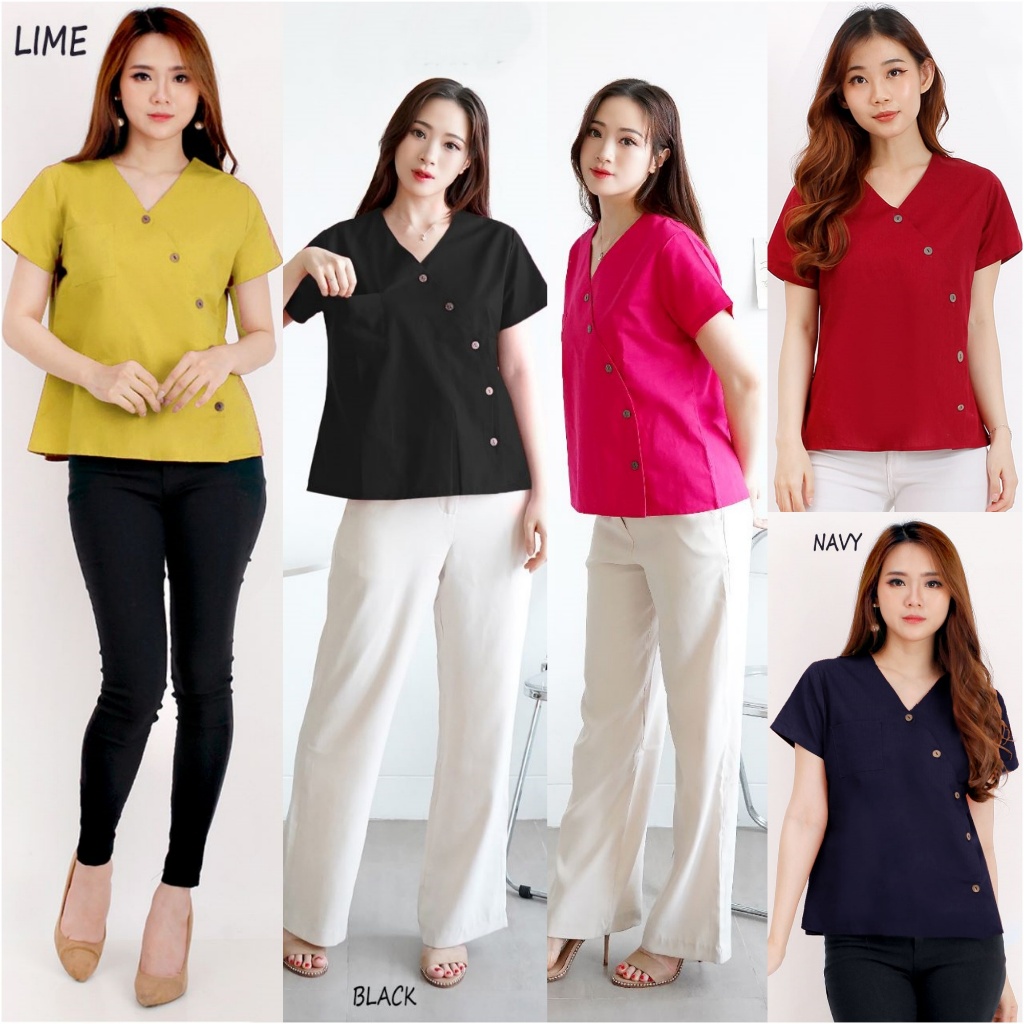 atasan blus kancing depan katun linen Rami halus Fit S to M CK17