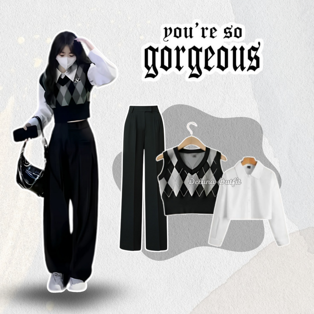 Deluna Outfit - Baju Setelan Wanita Kekinian Ootd Korean Style 3 In 1 Set Buat Hangout Kuliah Study 