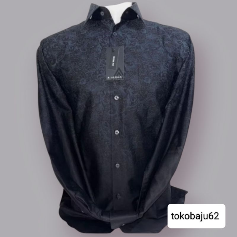 Kemeja Alisan Printing Fashion Warna Hitam Terbaru  Slimfit lengan panjang Motif bunga sembur