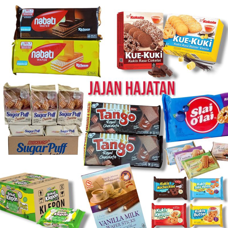 

Jajan Hajatan Kartonan Tanggo wafer - Nabati hajatan - Sugar Puff - Denex butter cookies - KUKI - KOKOLA - ROMA
