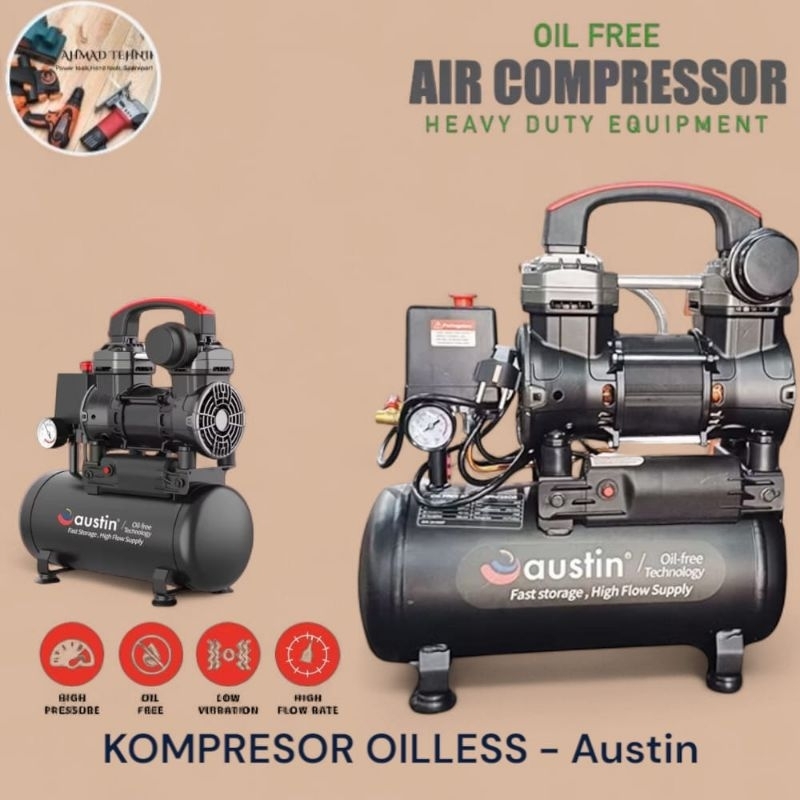 KOMPRESOR OILLES AUSTIN AS2 810-B8 1.1 HP TABUNG 8 LITER MESIN KOMPRESOR TANPA OLI MESIN PUMPA ANGIN