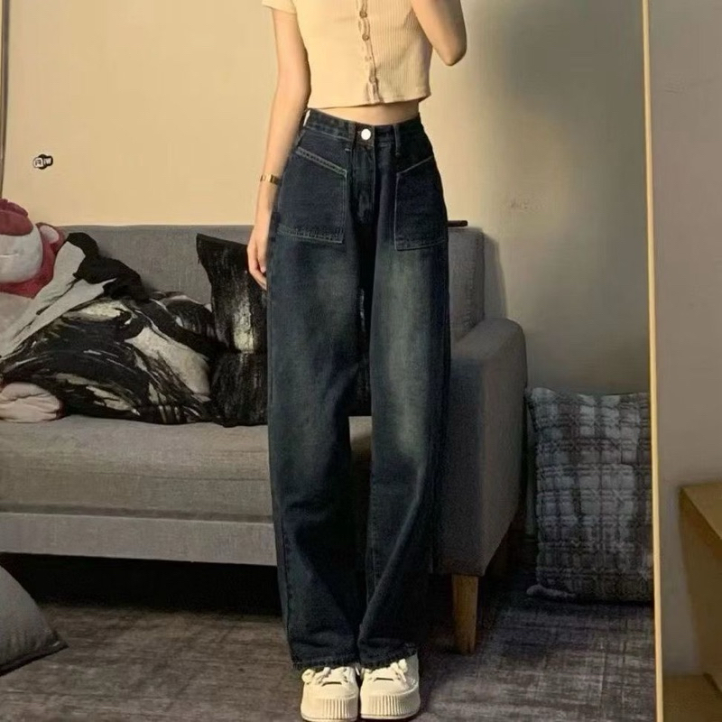 Vamella - Celana Kulot Jeans Wanita Highwaist Loose Jeans Dark Saku Depan Retro