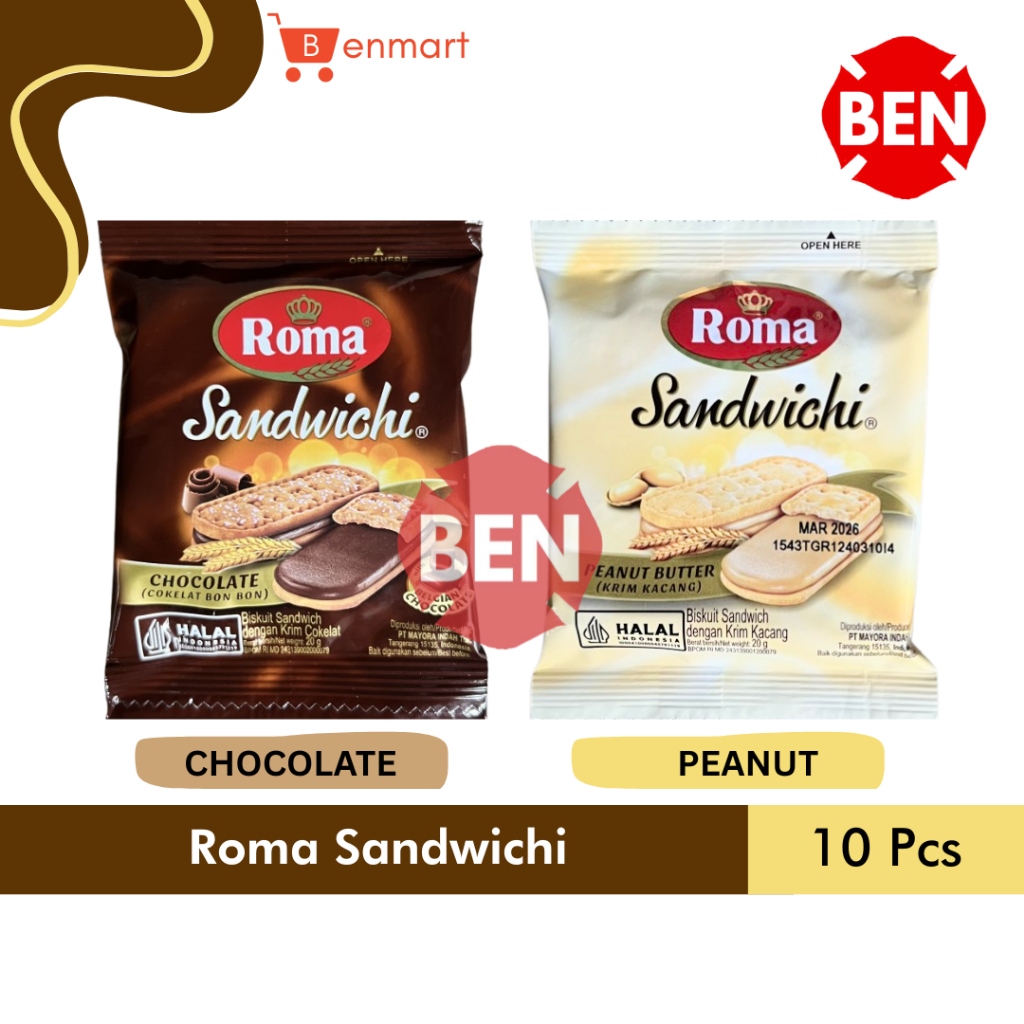 

Roma Sandwich CHOCOLATE / PEANUT BUTTER 1 Pak Renceng 10 Sachet Pcs - Biskuit Sandwichi Krim Cokelat Bon Bon Coklat Belgian Kacang