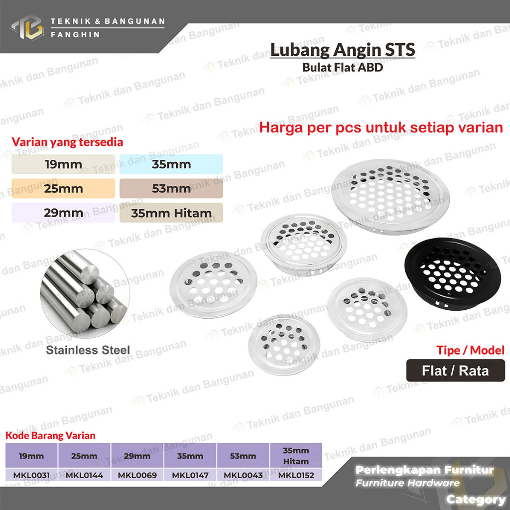 PENUTUP LUBANG ANGIN VENTILASI UDARA PLAT HAWA BULAT STAINLESS STEEL LEMARI KABINET FLAT RATA ABD