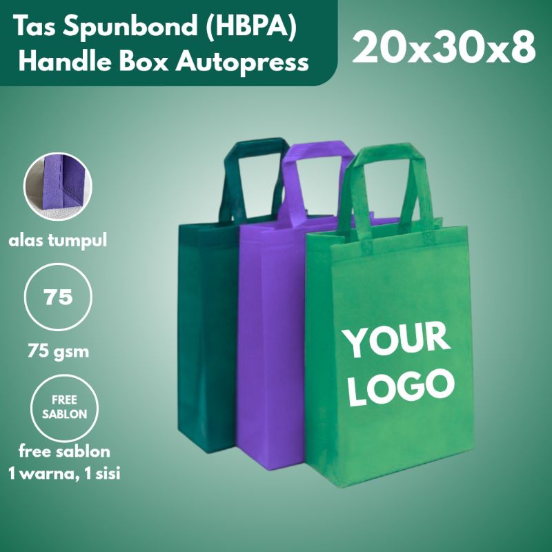 

[SABLON] Tas Spunbond HBPA / Autopress Goodiebag Ukuran 20x30x8 Tebal Polos 75GSM Model Tali