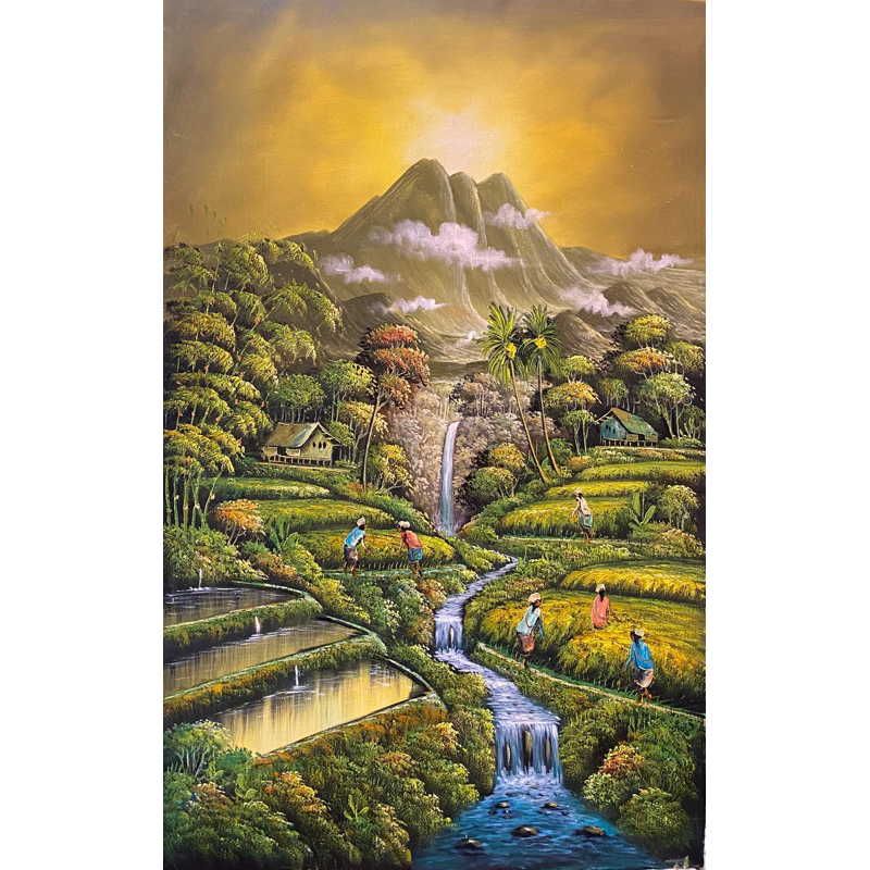 Lukisan pemandangan Sawah dan View Gunung Agung Bali, Lukisan Canvas, Landscape, Lukisan Panen Palet