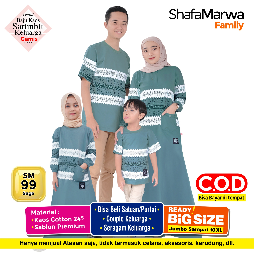 Shafamarwa Baju Sarimbit Keluarga Couple Family Set Kaos Pria Gamis Wanita SM99 Sage