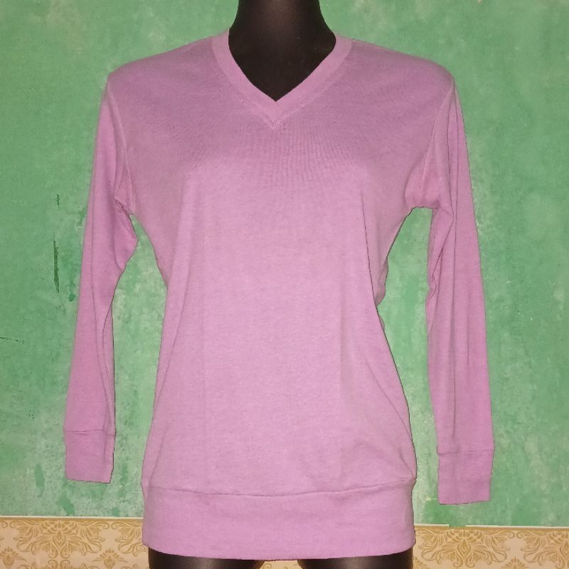 Kaos Wanita V-neck Lengan Panjang Ungu Muda