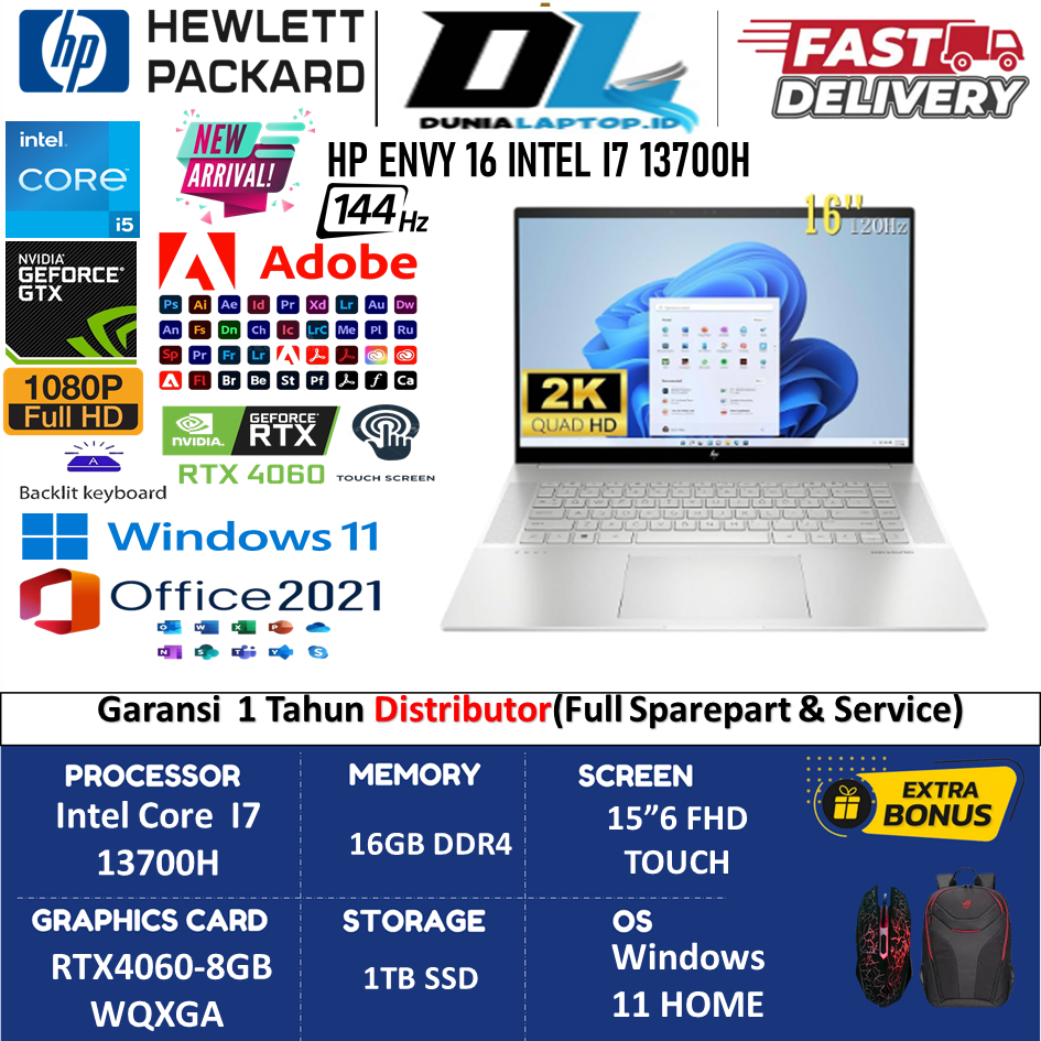 HP Envy 16 Intel i7 13700H 16GB DDR5 1TB RTX4060-8GB 16.0 WQXGA IPS 120HZ Touch BL Window 11 Home