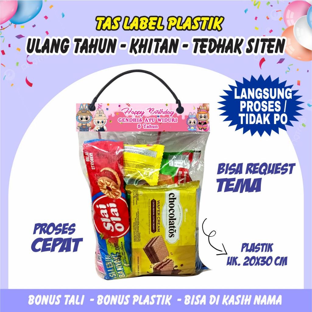 

Plastik Snack Ulang Tahun (Tali plastik Ulir & plastik 20x30 cm)
