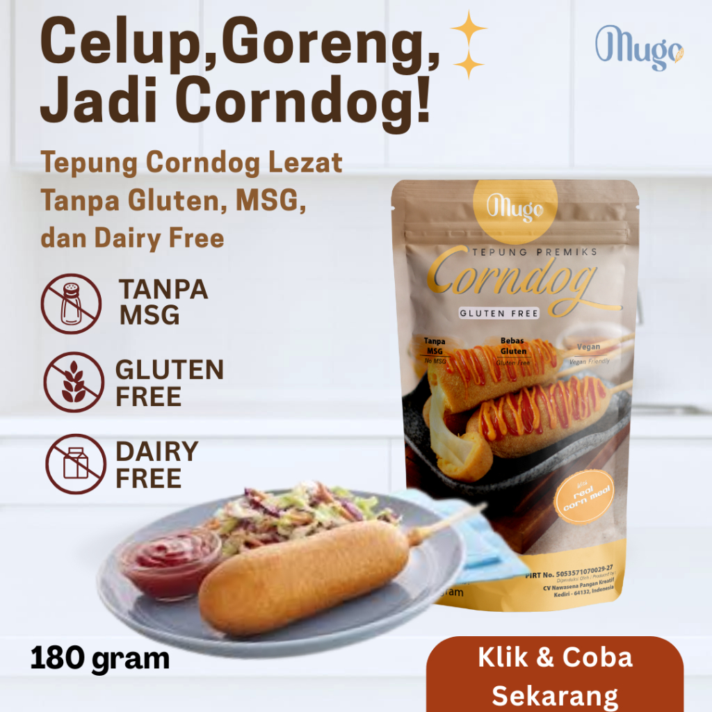 

Mugo Tepung Premiks Corndog Instant Gluten Free No MSG White Sugar Free 180 gram