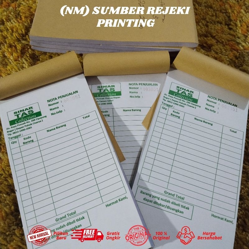 

Cetak Nota ncr Satuan Custom 1/3 isi 100 lembar / dua ply / tiga ply / Design bebas sesuai nama perusahaannya (NM) Sumber Rejeki Printing / ukuran 10.5 x 21.5 cm