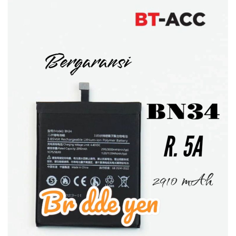Baterai BT-ACC for Xiaomi Redmi 5A . BN34 BN 34 BN-34 Battery Baterei Batere Batre Batrei Batrai Bat