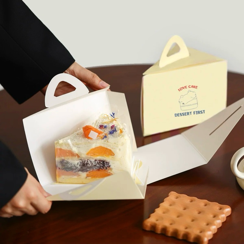 Korean Cake Slice Box Handle Packaging Segitiga Triangle Kemasan Kue Potong Mille Crepes Cheesecake 