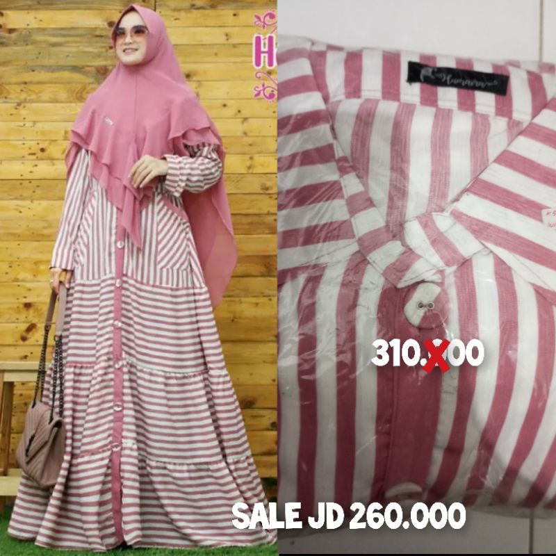Sale habiskan stok gamis set khimar motif strip Gysca ori by humaira Gamis Busui dress motif pink