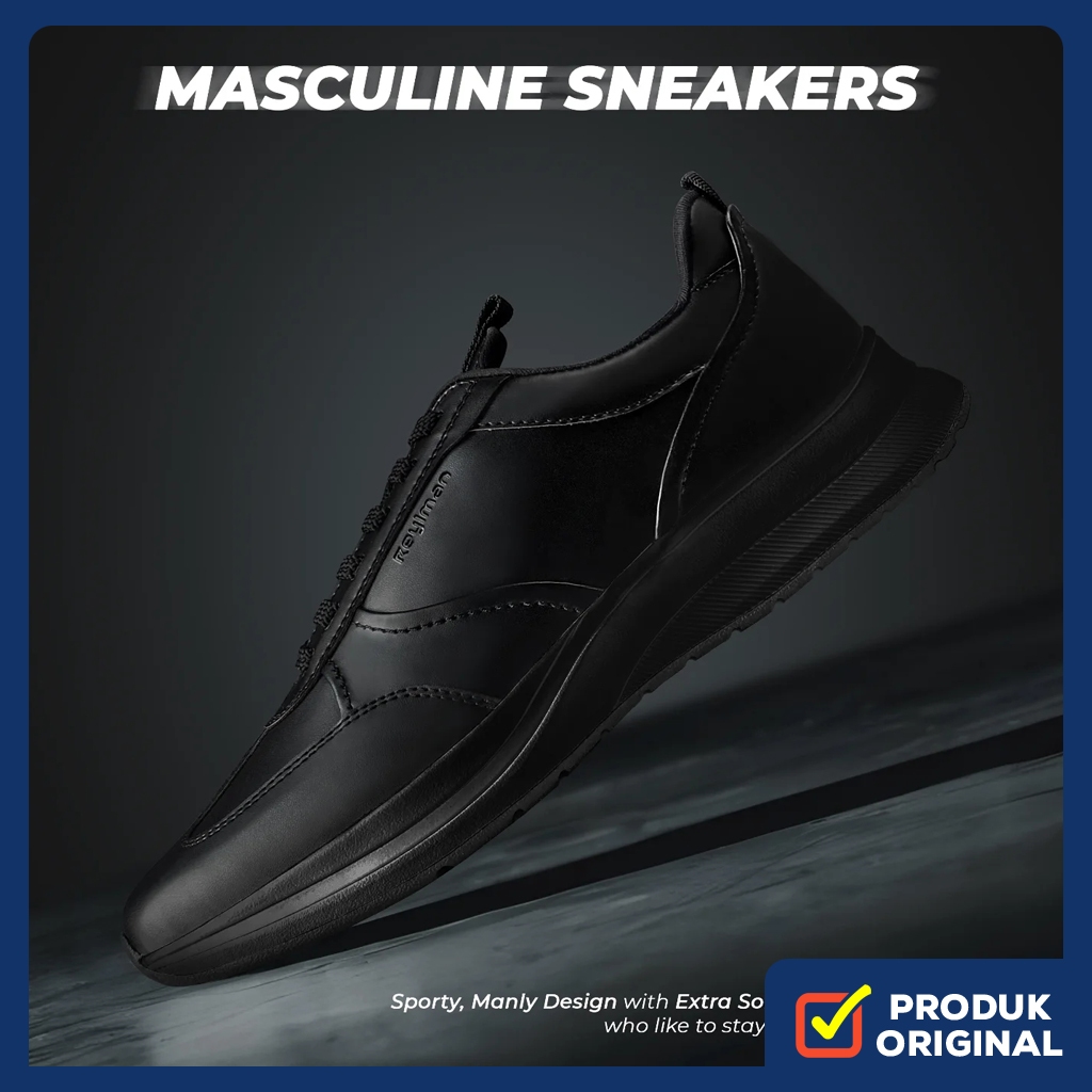 MAVERICK FULL BLACK SOLID ORIGINAL x REYL MAN Sepatu Sneakers Hitam Polos Pria Kets Tali Casual Form