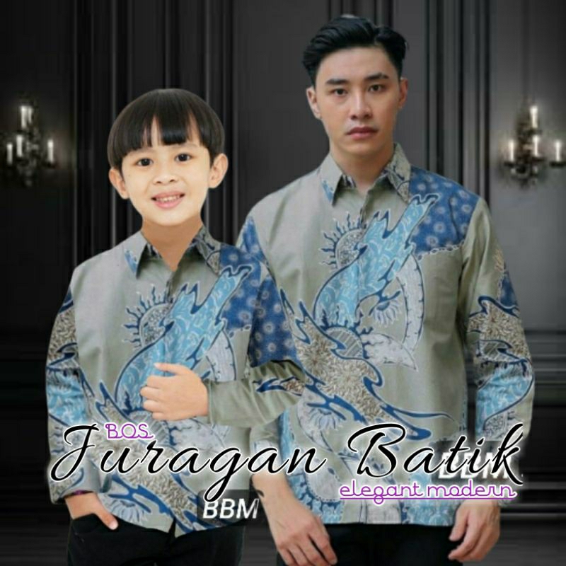 Batik Warna Biru Abu Navy | Kemeja Batik Couple Ayah Dan Anak Laki-laki Lengan Panjang - Batik Cowok