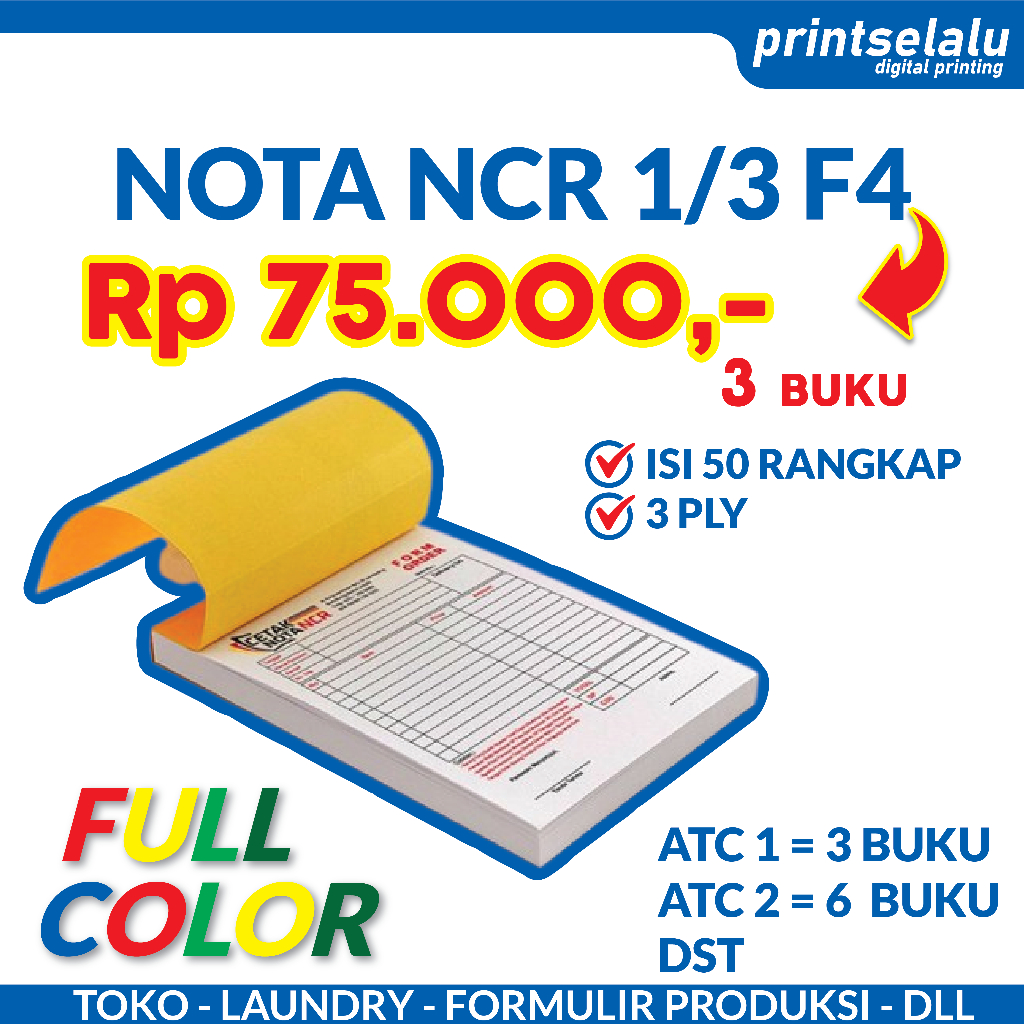 

Custom Nota NCR 1/3 F4 3 ply rangkap (Laundry Surat Jalan Formulir) per 3 buku