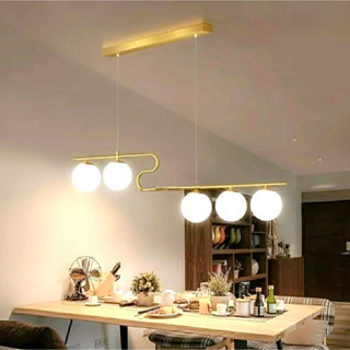 Lampu hias gantung tiang panjang bola kaca putih susu modern island Gold pendant minimalis elegan li
