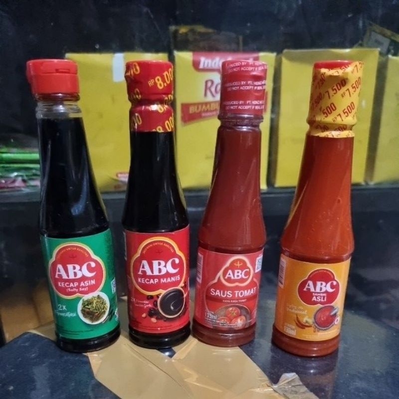 

abc kecap asin, kecap manis, saus tomat, sambal asli 135 ml