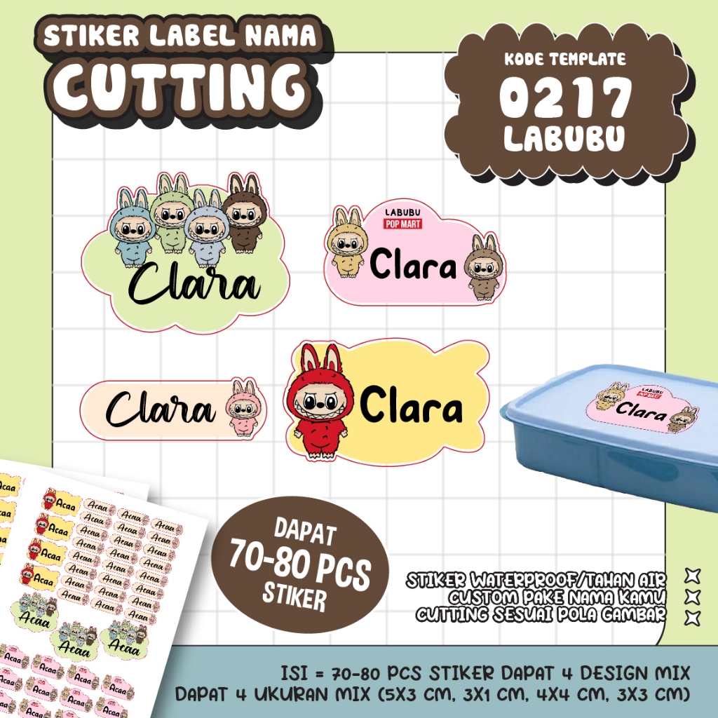 

70-80 PCS STIKER LABEL NAMA WATERPROOF LABUBU, JUMBO (1hari jadi)
