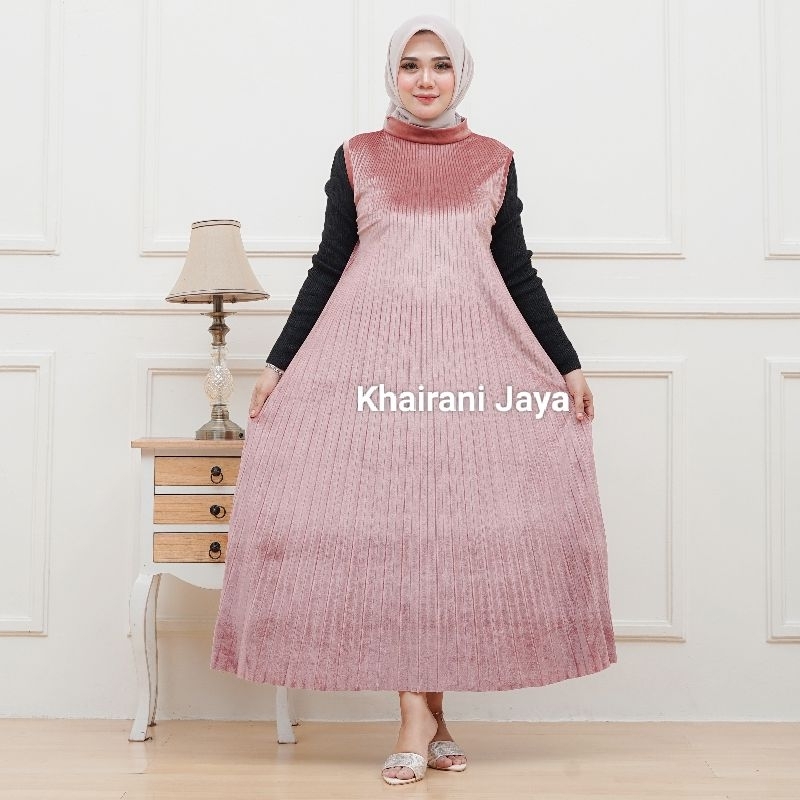 Plisket Bludru Premium tanpa lengan dress Inner import panjang mewah