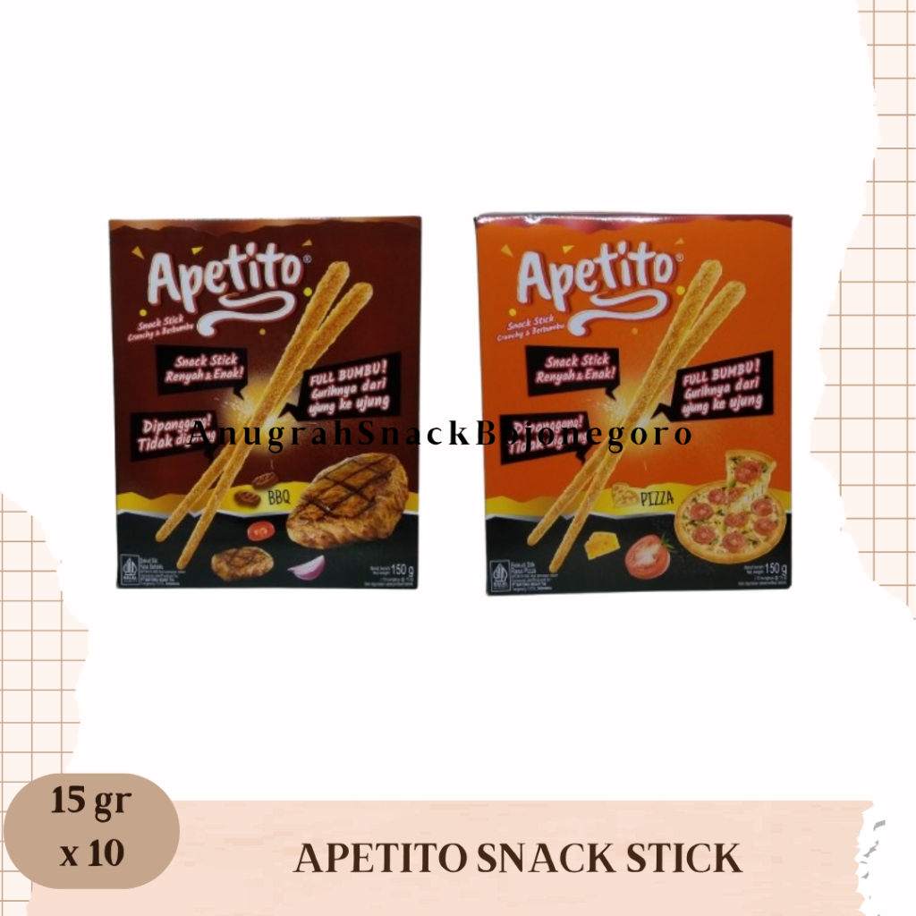 

Apetito Snack Stick Crunchy & Berbumbu 15gr x 10 (Rasa Barbekiu / Pizza)