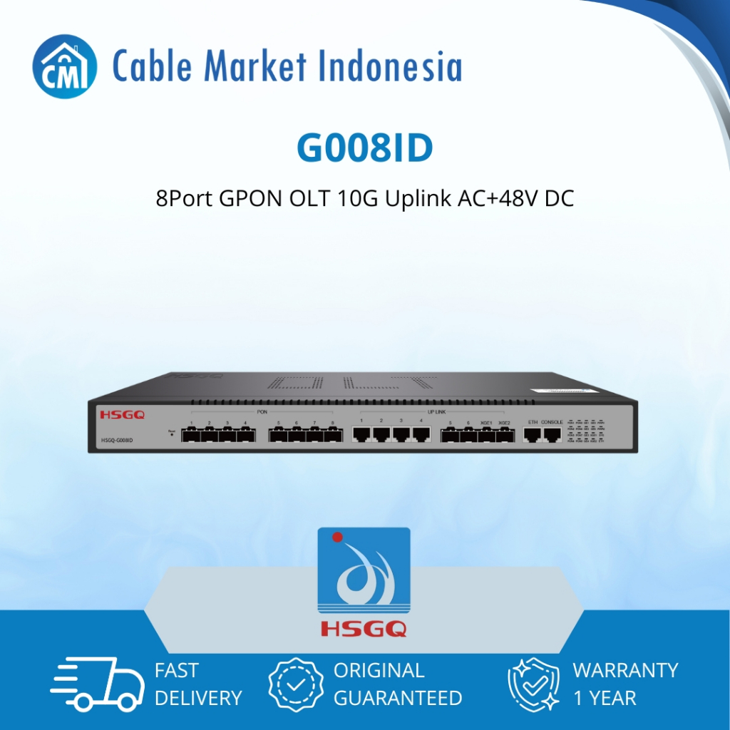 OLT GPON HSGQ-G008ID – 8 Port GPON | 4GE | 2 SFP | 2 SFP+ | 1U 19inch – OLT Fiber Optik Internet ISP