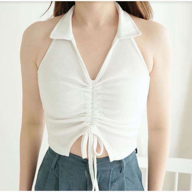 Tanktop Wanita Crop Dada Serut/ Tanktop Polos Hitam-Putih Size M