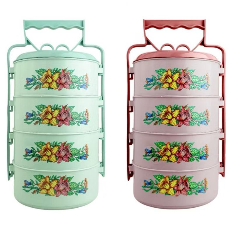 Rantang Bulat Plastik Susun 4 Motif Bunga / Lunch Box Plastik Wadah Bekal Makanan