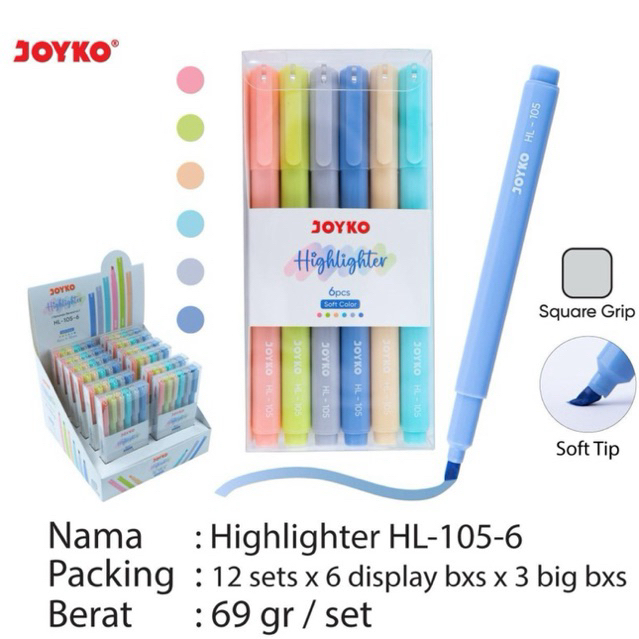 

( 1 set = 6 pcs ) HL105-6 Joyko Highlighter Pen Square / Penanda bentuk Pulpen Soft Tip Warna Warni Colour HL 105 6W