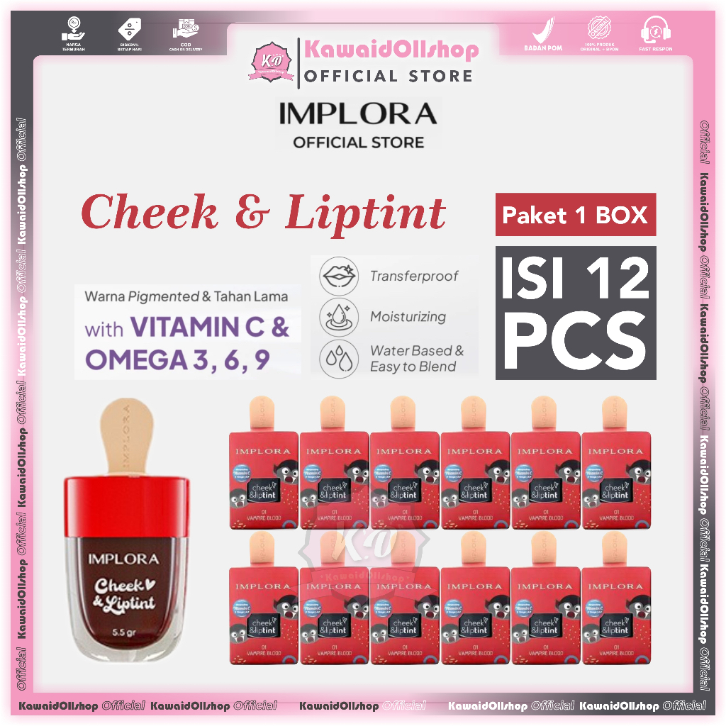 Implora Cheek and Lip tint | Paket 1 Box Isi 12 Pcs | Matte, Liptint, Lipcream, Lipstick /Lusin