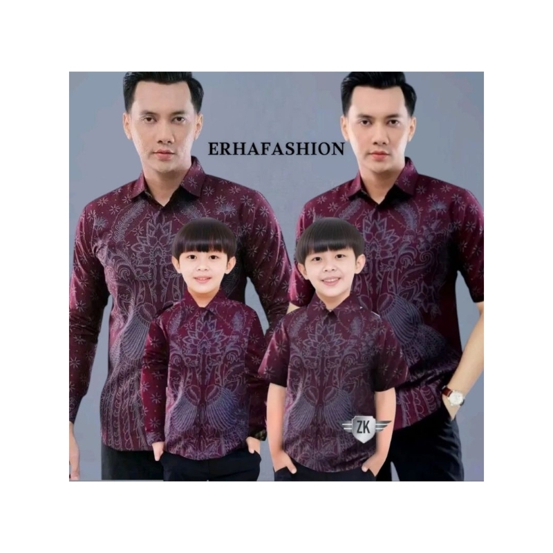 Kemeja Batik motif merak Burgundy baju batik keluarga Baju anak laki-laki usia 2-13tahun Atasan Bati