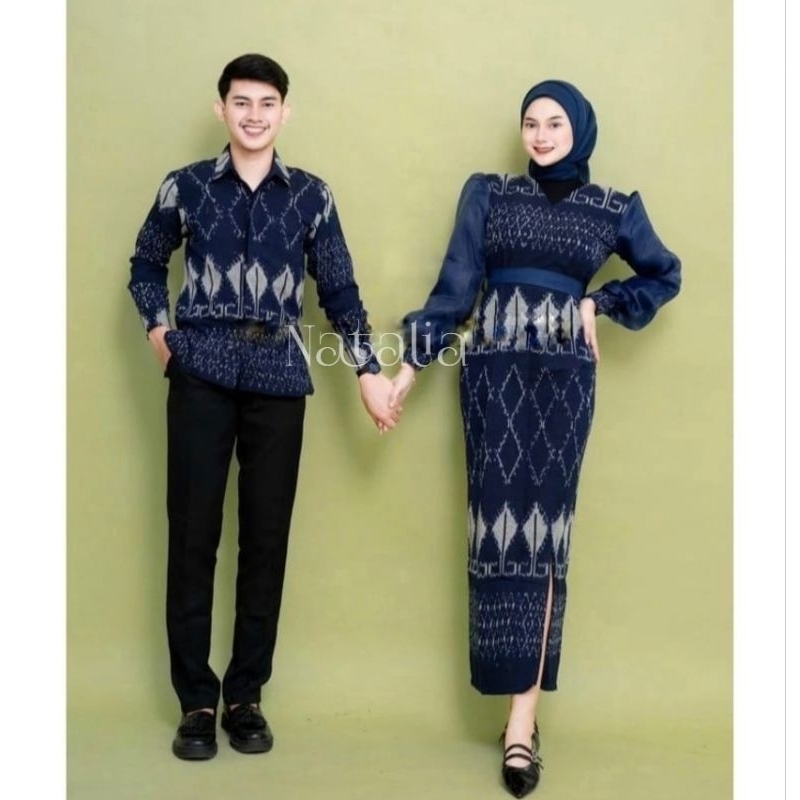 BAJU TENUN COUPLE KARTINI NAVI COUPLE DRESS + KEMEJA PRIA BAJU COUPLE KONDANGAN BAJU LEBARAN