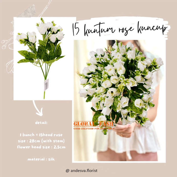 Bunga Artificial Mawar Pupus / Bunga Plastik Tanaman Artificial Buket Bunga Mawar 15 pupus putih