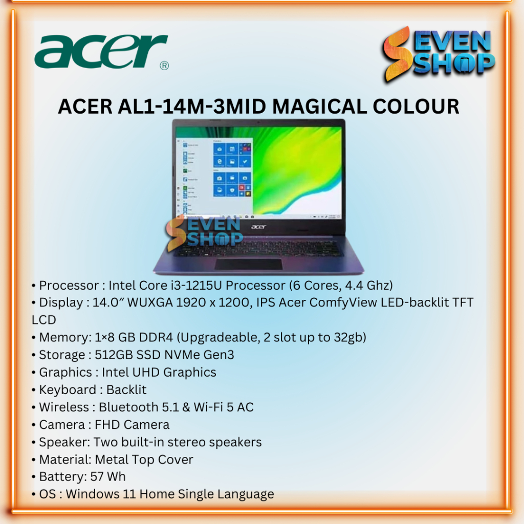 LAPTOP ACER ASPIRE LITE MAGICAL COLOR AL1 14M 3MID I3 1215U 8GB 512GB SSD 14” WUXGA W11 OHS24