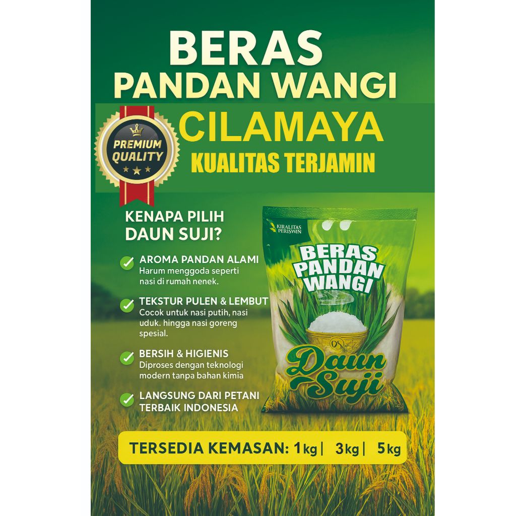 

Beras Daun Suji Pandan Wangi Asli Cilamaya Kwalitas Premium sangat enak ,pulen dan gurih dan wangi dalam kemasan 1Kg