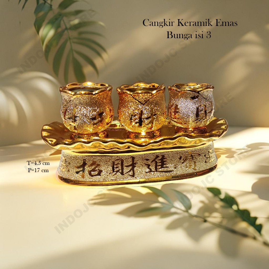 Cangkir Puja Gelas Sembahyang Keramik Emas bunga isi 3 Plus Tatakan Emas 1 set
