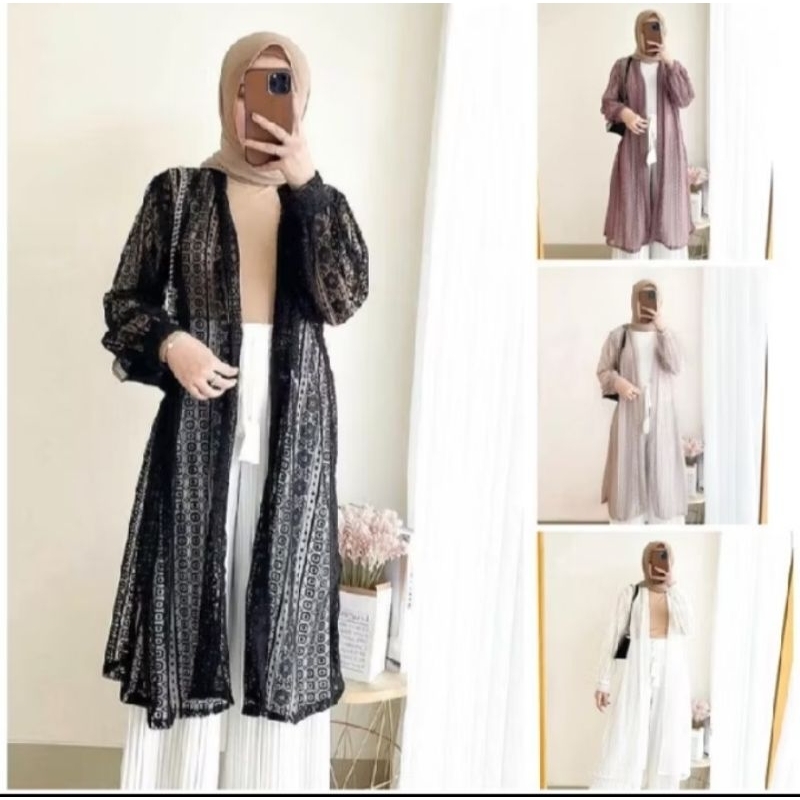 OUTERWEAR LONG CARDIGAN BRUKAT//OUTER BRUKAT PANJANG LENGAN BALON//BAJU KONDANGAN WANITA TERLARIS