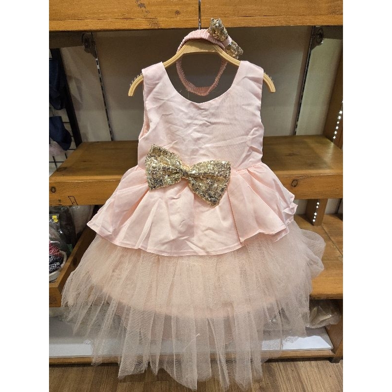 Dress Gaun pesta Pink Pita Gold Anak