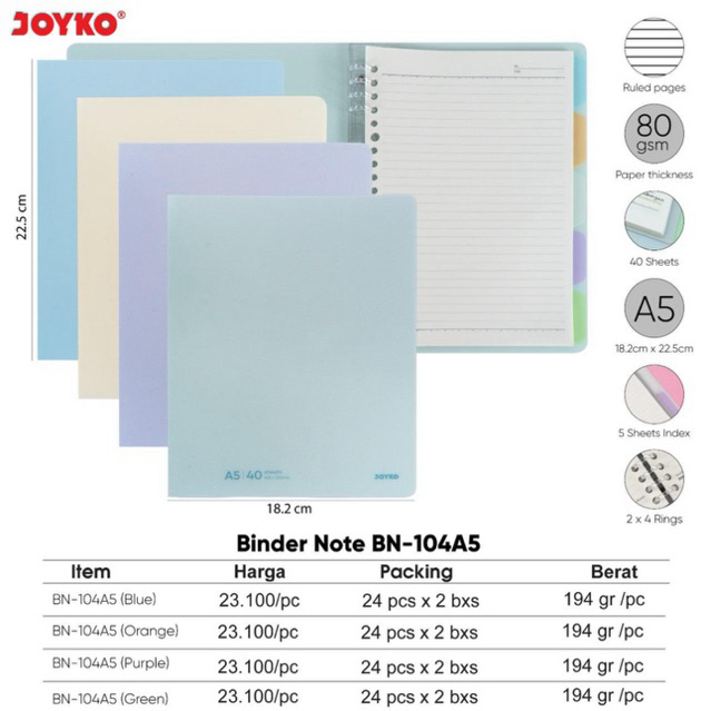 

BN104 Map Binder Note A5 Warna Pastel / Organizer Kertas BN-104A5 / Folder A5 Joyko