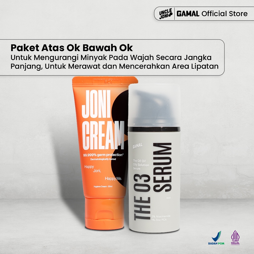 GAMAL | Paket Atas Ok Bawah Ok | The O3 Serum 30ml & Joni Cream 30ml | Untuk Mengurangi Minyak Pada 