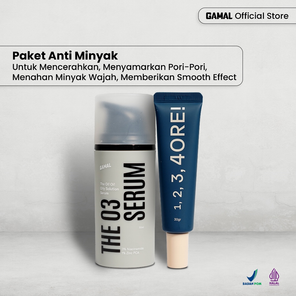 GAMAL | Paket Anti Minyak | The O3 Serum 30ml & 1,2,3,4ORE Mattifying Pore Primer 30gr | Untuk Mence