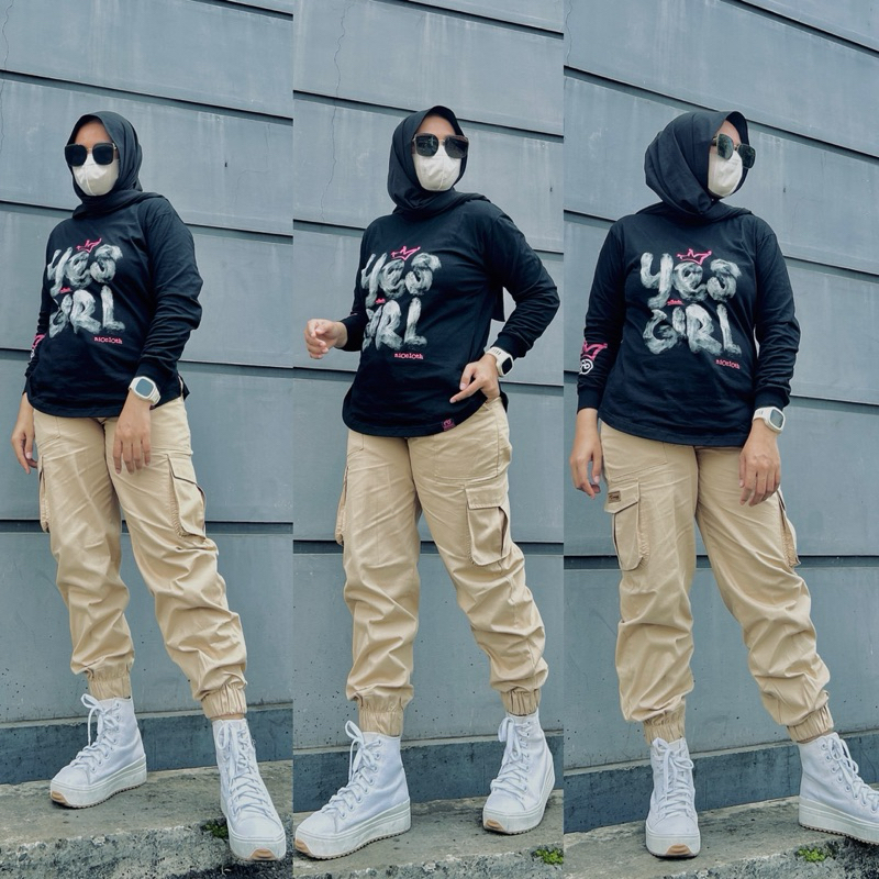 setcel jogger stelan celana kaos lengan panjang ootd cargo kekinian